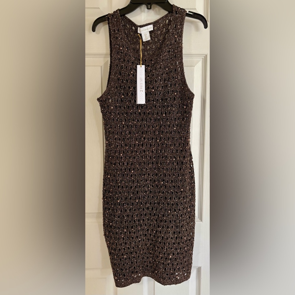 #252 HoH1960 Brown Metallic Knit Mini Dress with Pearl Detail